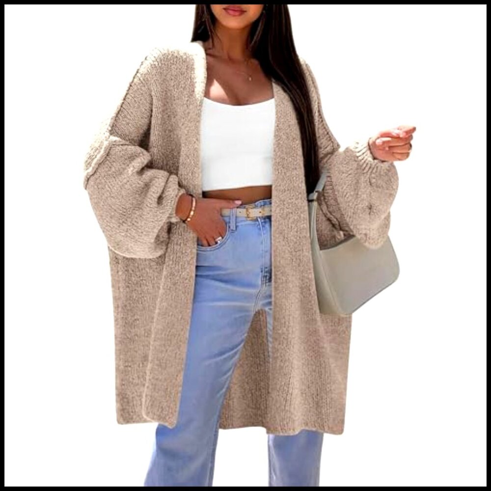 Oversized Long Cardigan Sweater, Drop Shoulder, Open Front, Mid-Thigh Length - Picture 2 of 5